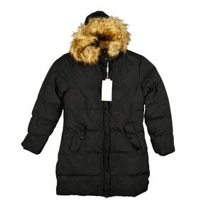 NWT Wenven Puffer Jacket Faux Fur Hood Black Parka‎ Womens Medium